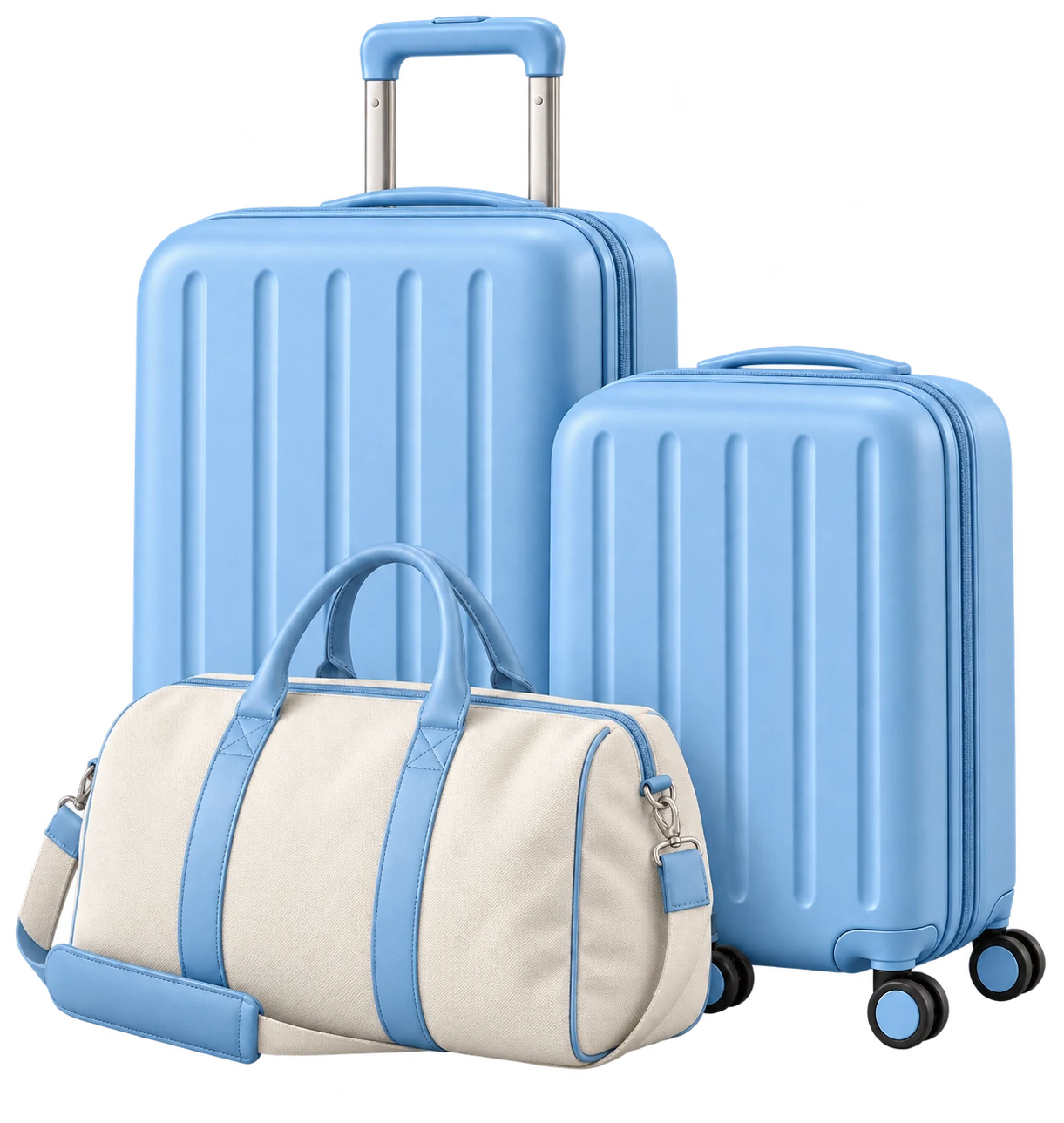Zwei hellblaue Koffer und eine Reisetasche