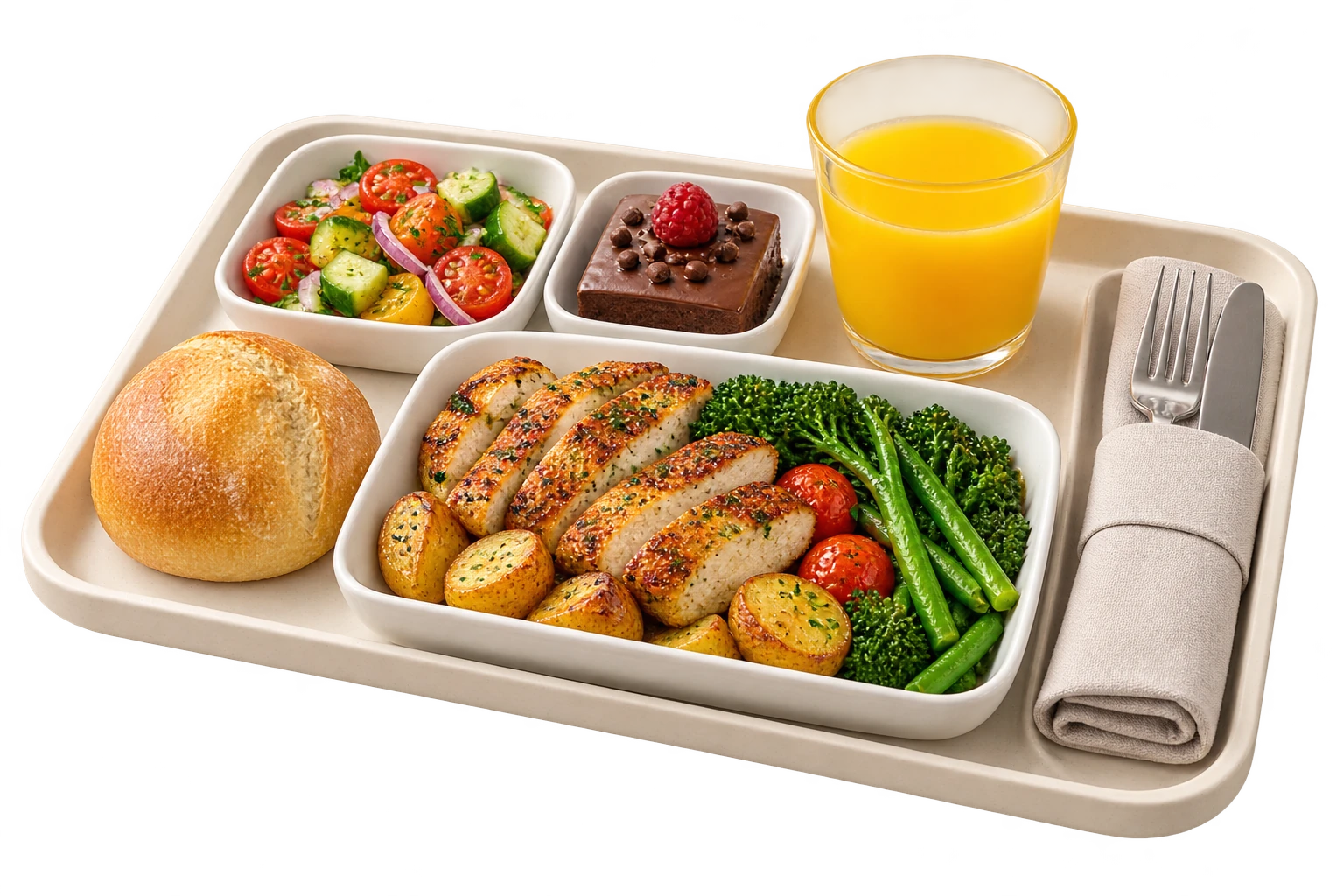 Beispiel-Flugmenü mit Hähnchen, Gemüse, Salat und Dessert
